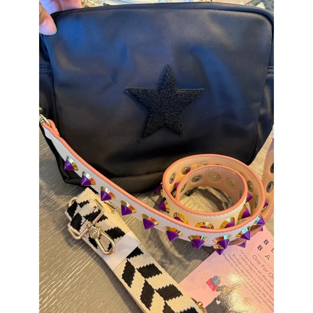 Women's Bloc Bags Black Crossbody Bag with Purple Studded Strap, One Size